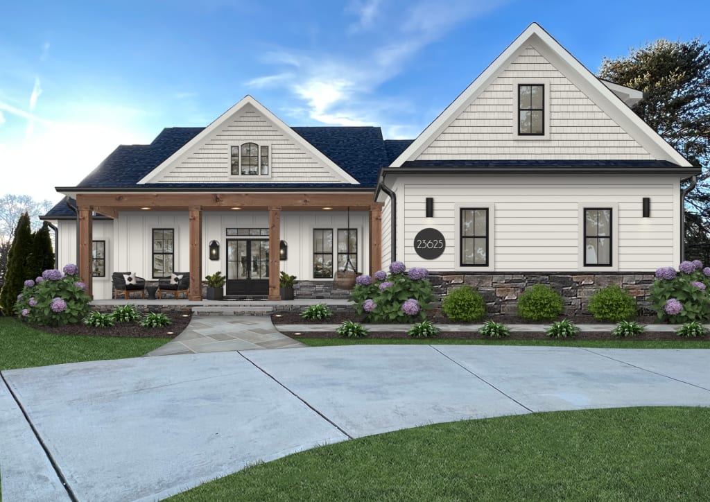 Modern farmhouse exterior design with a circular driveway