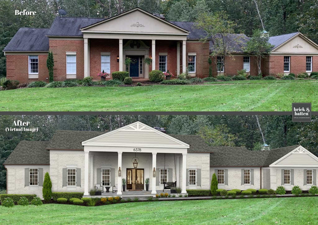 Before & after of a brick home rendered with a new coat of off-white paint