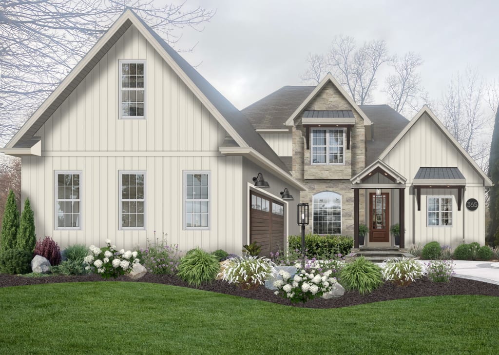 Modern farmhouse with steep roof pitches, vertical siding, stone cladding, and a wood look front door.