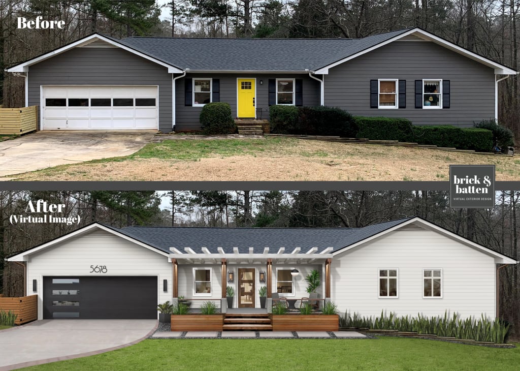 Before and after of a traditional ranch home painted white with a large white pergola addition