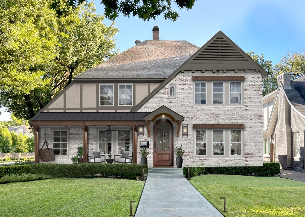 Virtual rendering of a Tudor style home with limewashed brick, a wood front door, wood lintels, and columns.