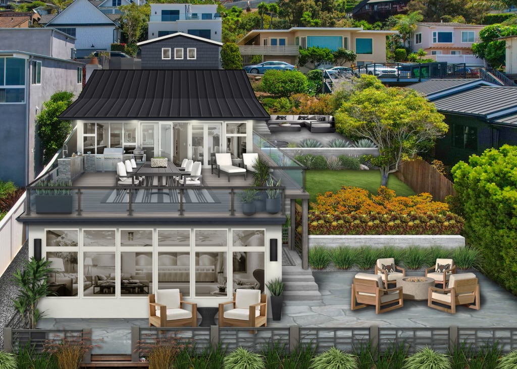 back of a modern house with a sunroom and an upper level patio