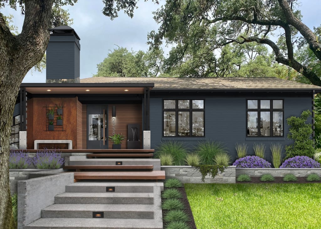 Industrial style house with Blue Note, one of our top Benjamin Moore exterior paint colors 2024, on the brick