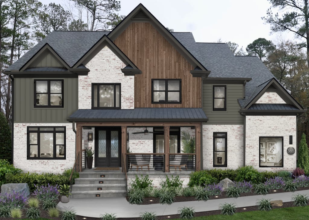 Transitional modern home with limewashed brick, wood cladding, black windows, and black front doors.