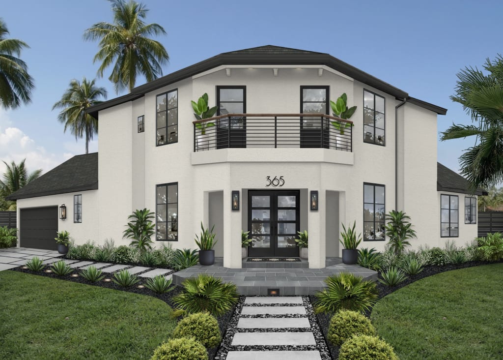Shell White by Sherwin Williams on a large, modern stucco home, with black doors and windows.