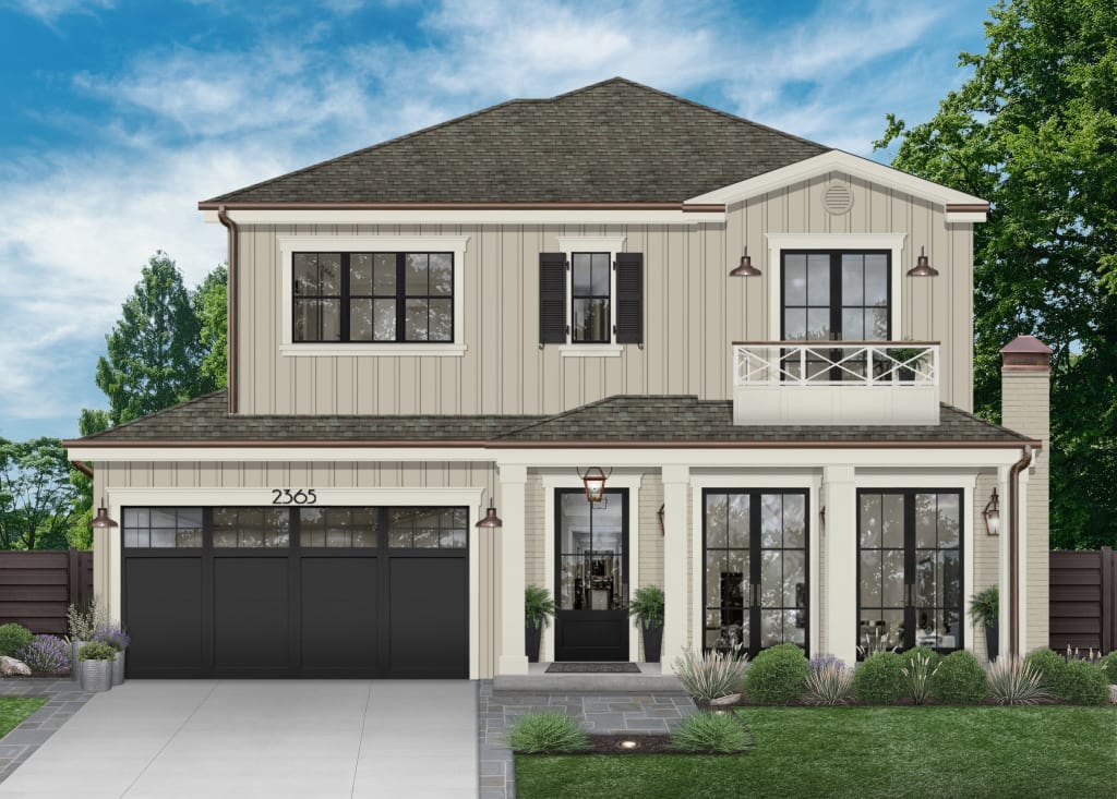 Traditional home with a second-story balcony, black windows, and black garage doors.