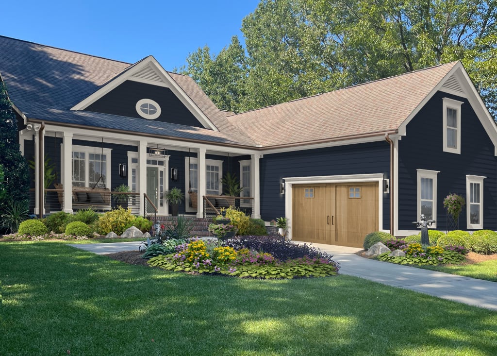 navy house with off white trim