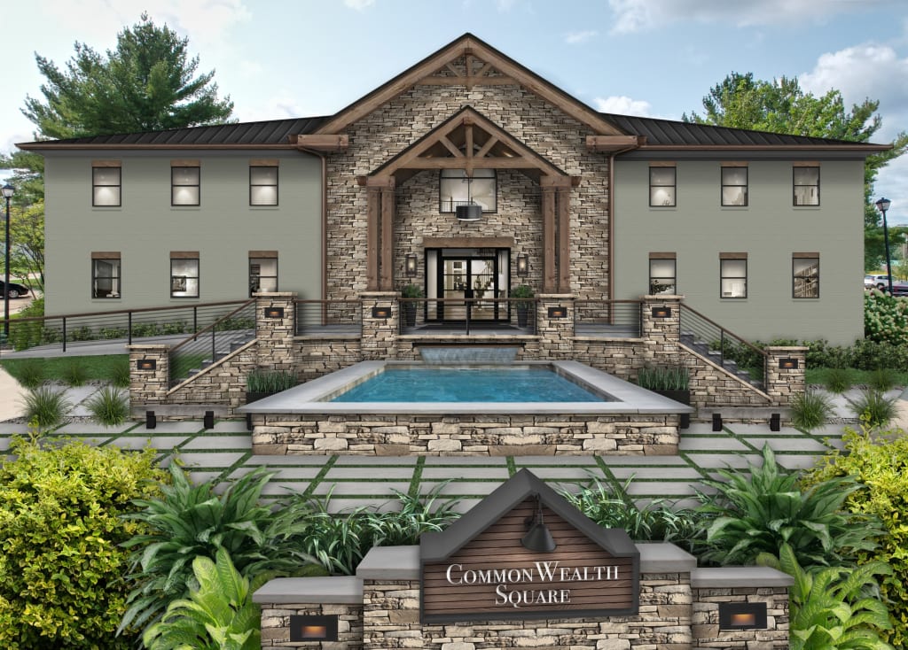 A rustic style commercial building rendered in Sherwin Williams' Evergreen Fog