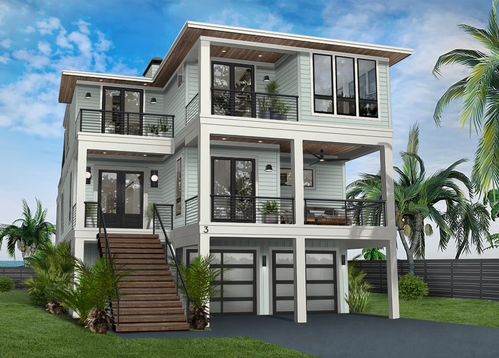 A rendering of a home with glass garage doors