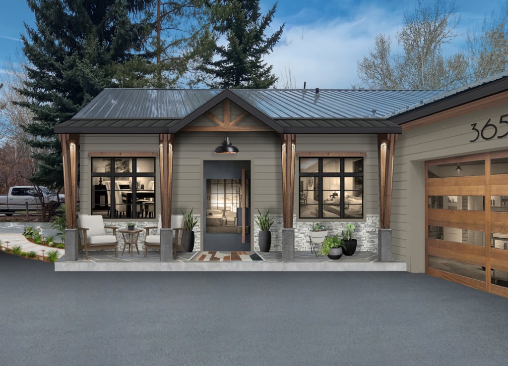 Rustic style home entry with siding in Anonymous and stone and wood cladding accents