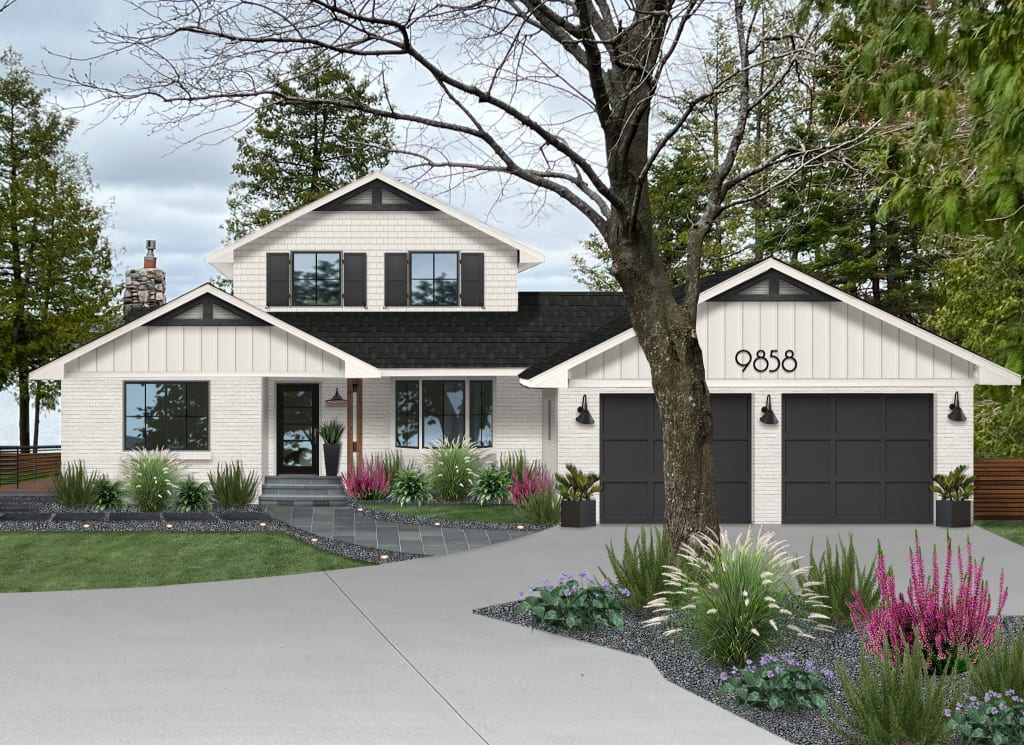 A virtual rendering of a home with painted shutters