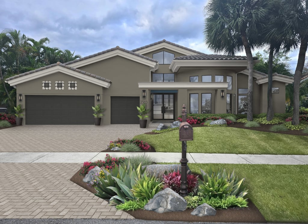 Digital rendering of a home showing sage green as one of the most popular exterior colors of 2025.