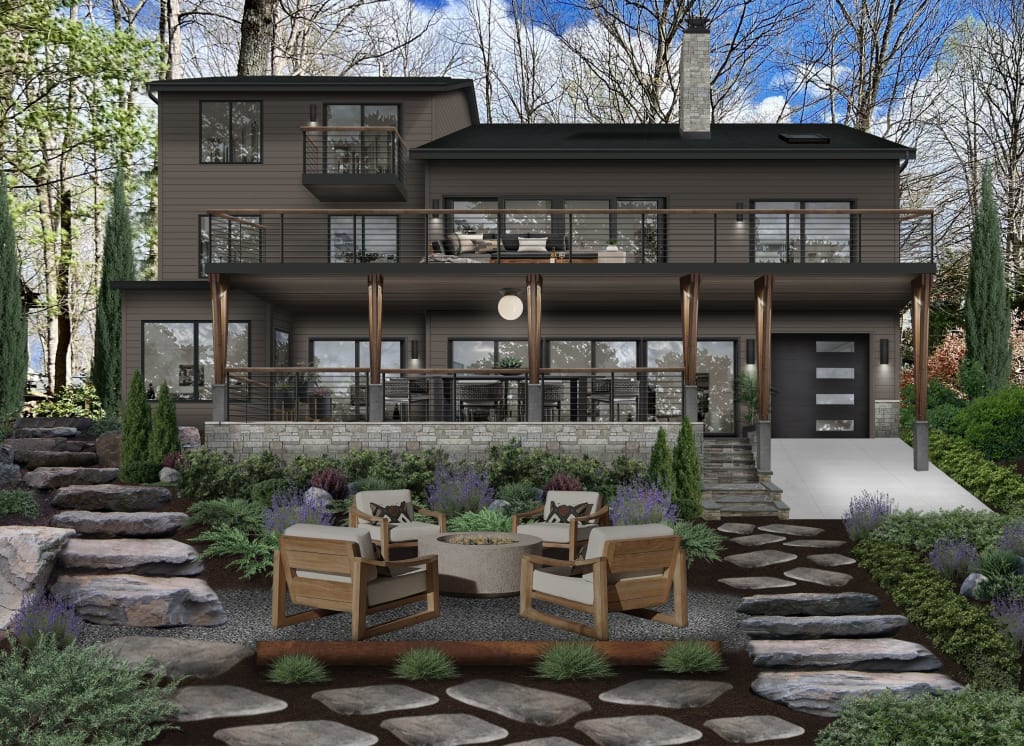Photorealistic rendering of a home's backyard featuring an upper deck, covered patio, and fire pit area with stone landscaping accents.
