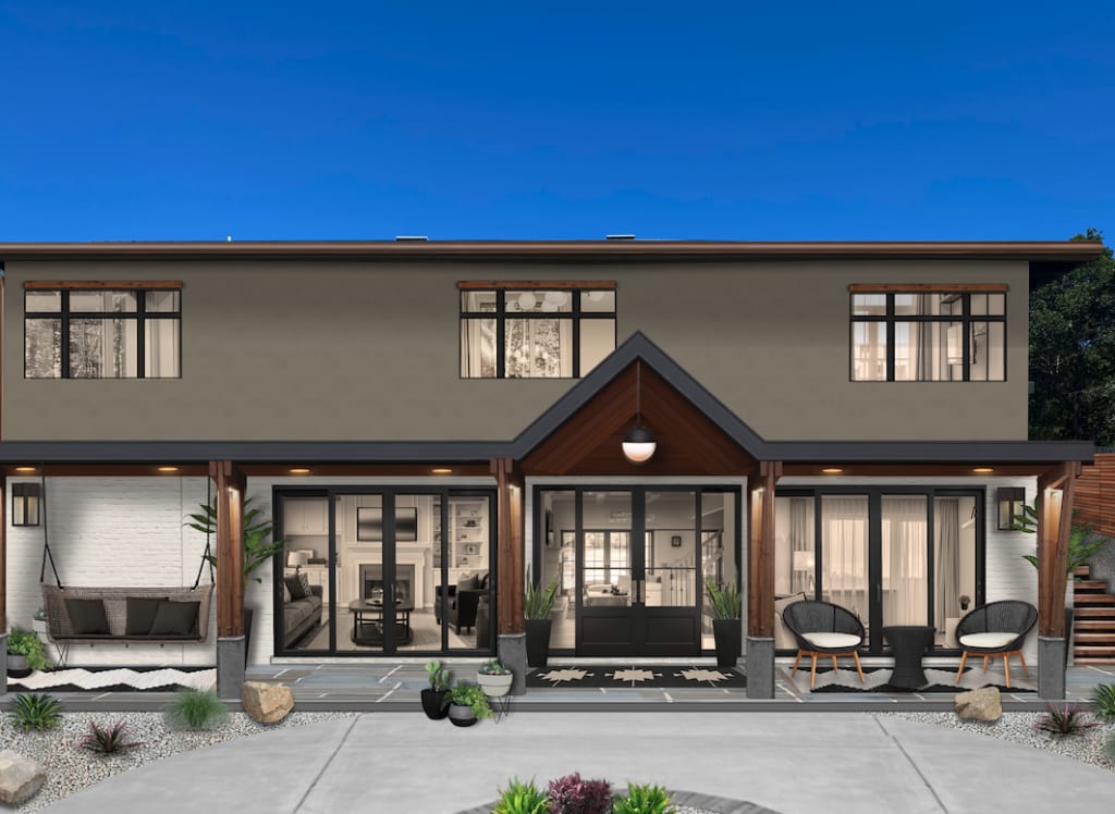 A two-story home painted in Sherwin Williams’ Anonymous