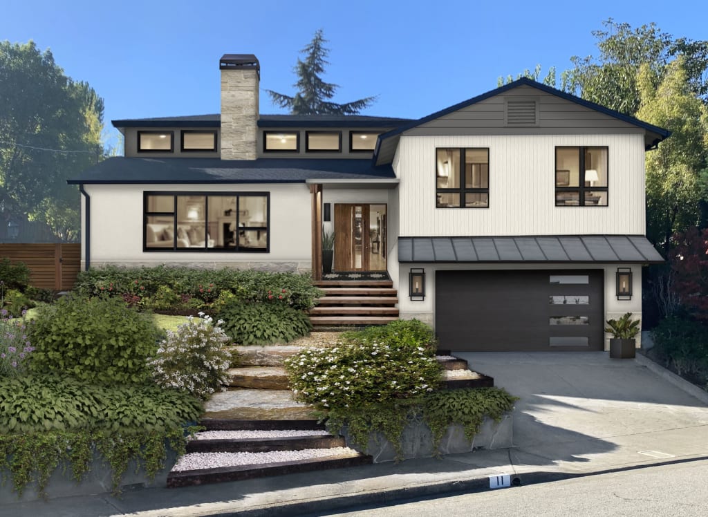 modern split level home with a layered walkway