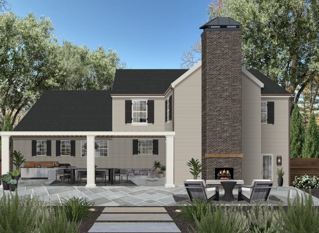Amazing Gray by Sherwin Williams on a traditional farmhouse with black shutters and a tall natural brick chimney.