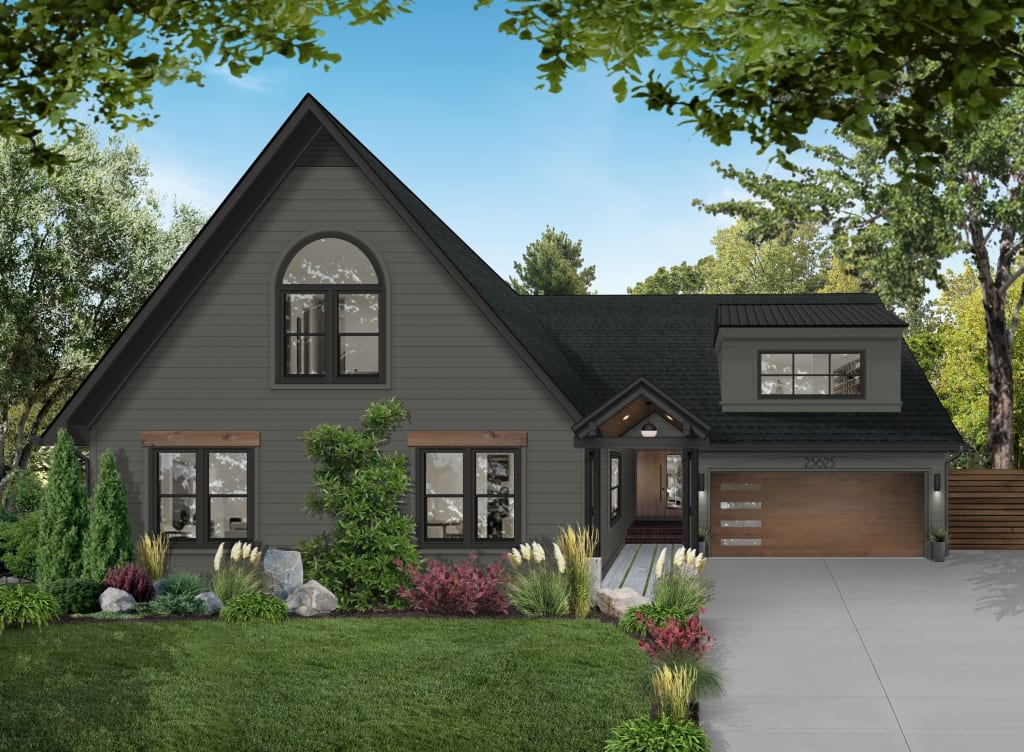 A dark green modern cottage with wood lintels, garage door, and black windows.