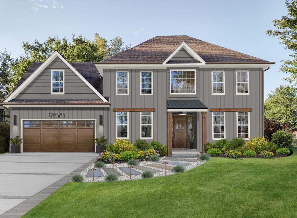 Realistic photo rendering of a two-story colonial-style home with gray vertical siding.