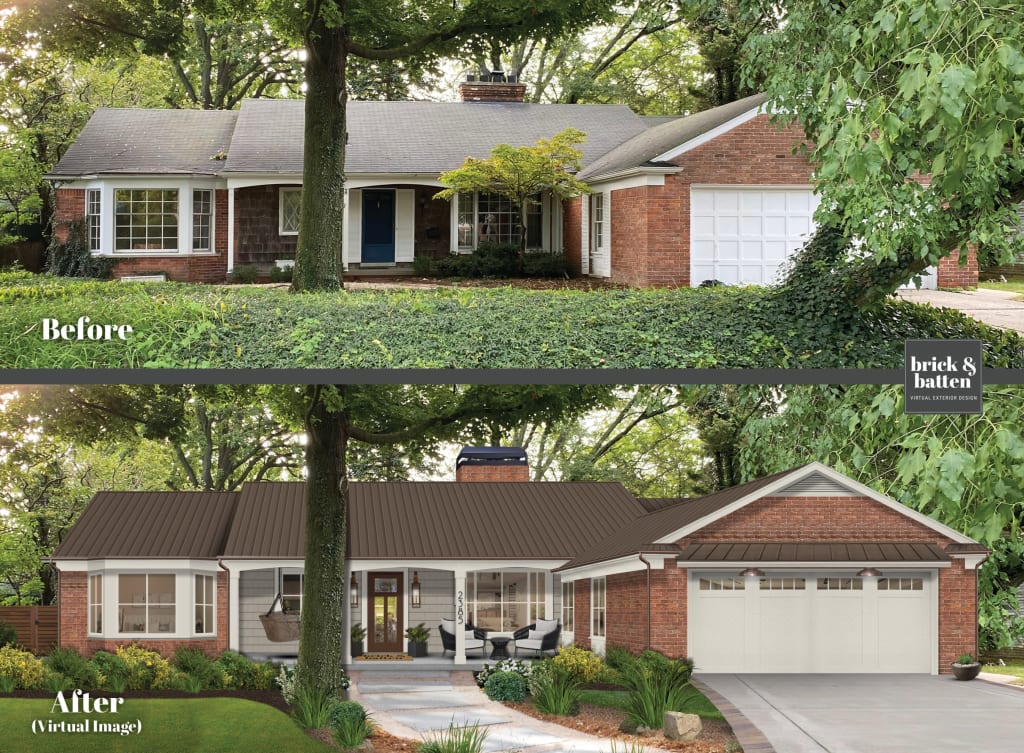 Before and after of a traditional red brick ranch with a new metal roof