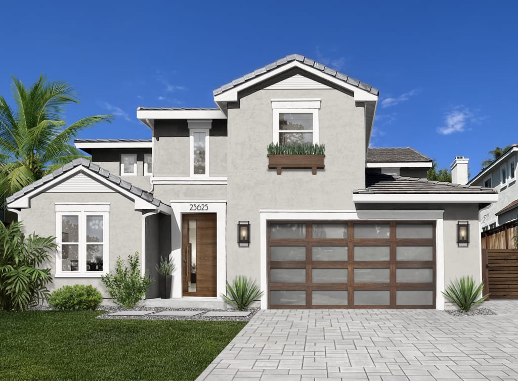 A home rendered in Agreeable Gray, one of the top Sherwin Williams' exterior paint colors for 2023