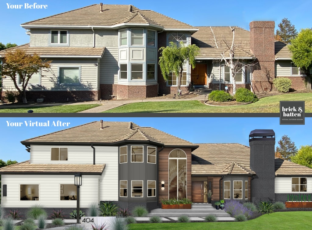 before and after digital rendering of a large two story home in iron ore woodtone and white