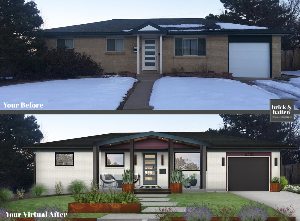 brick ranch home painted white with black trim