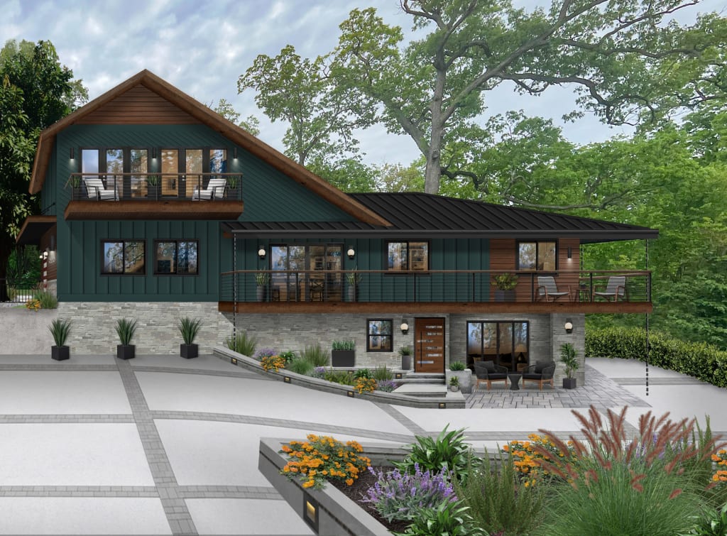 Virtual rendering of a three-story home painted with Sherwin Williams' Cascades, a wrap-around porch, and black windows.