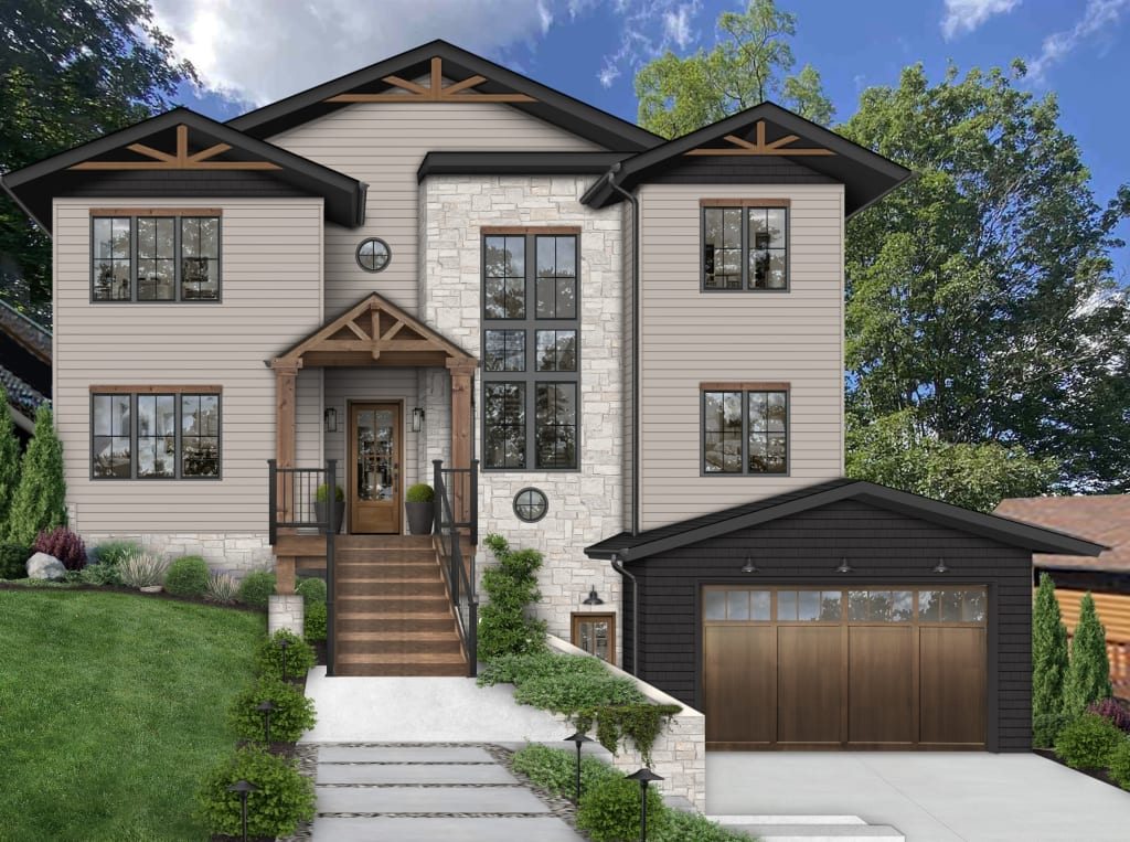 neutral house with mixed materials and wood trim