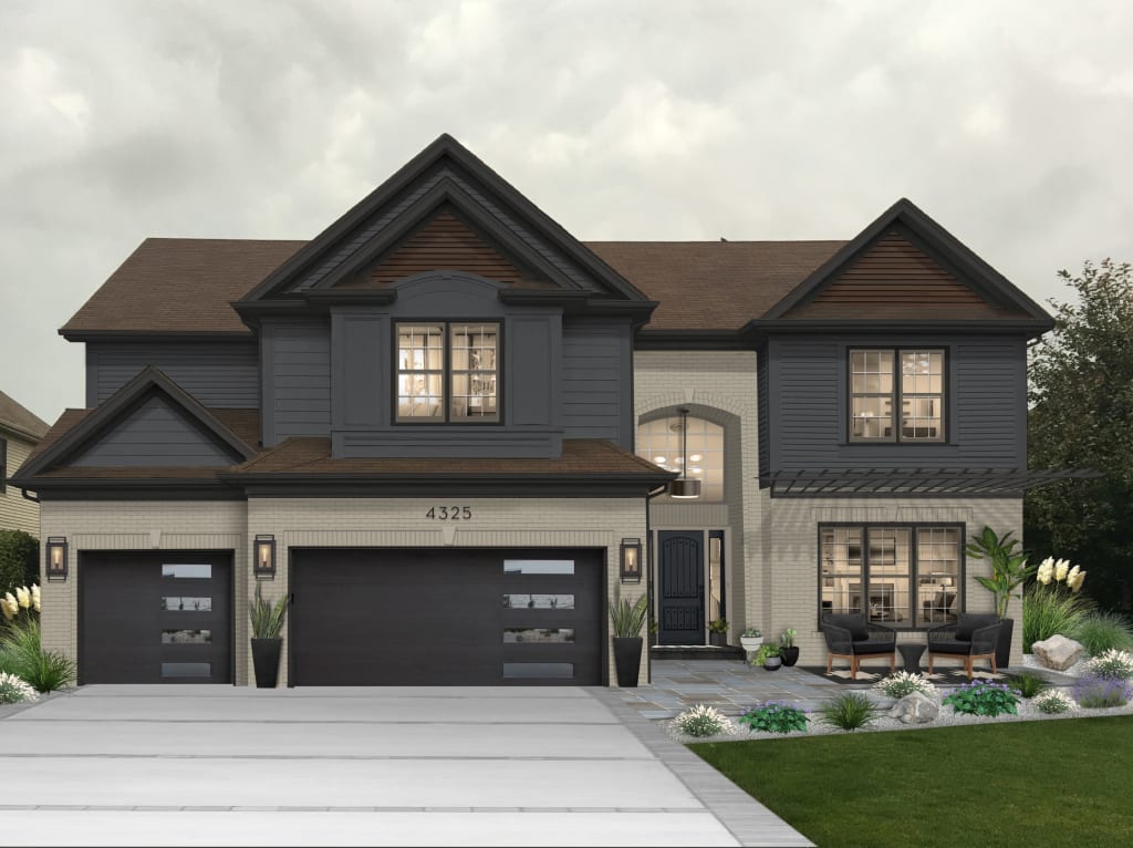 modern home with greige brick and dark charcoal siding with black trim