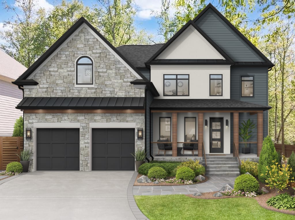 modern home with stone, stucco, siding, and wood porch columns