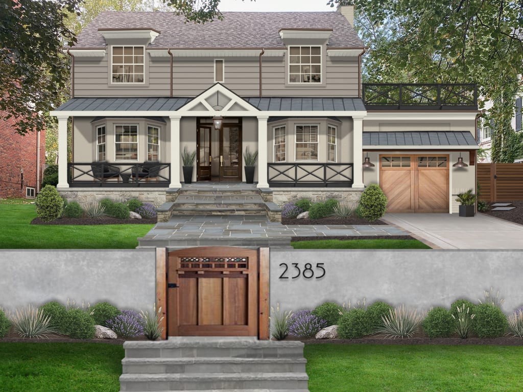 Exterior design of a home with upper level siding in Rockport Gray and main level cladding in Revere Pewter