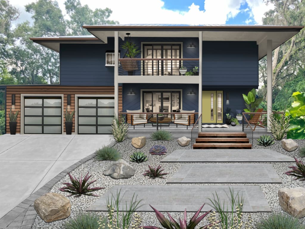 Contemporary home with siding rendered in Sherwin Williams' Naval and front door in Wasabi. A great example of blue exterior house colors.