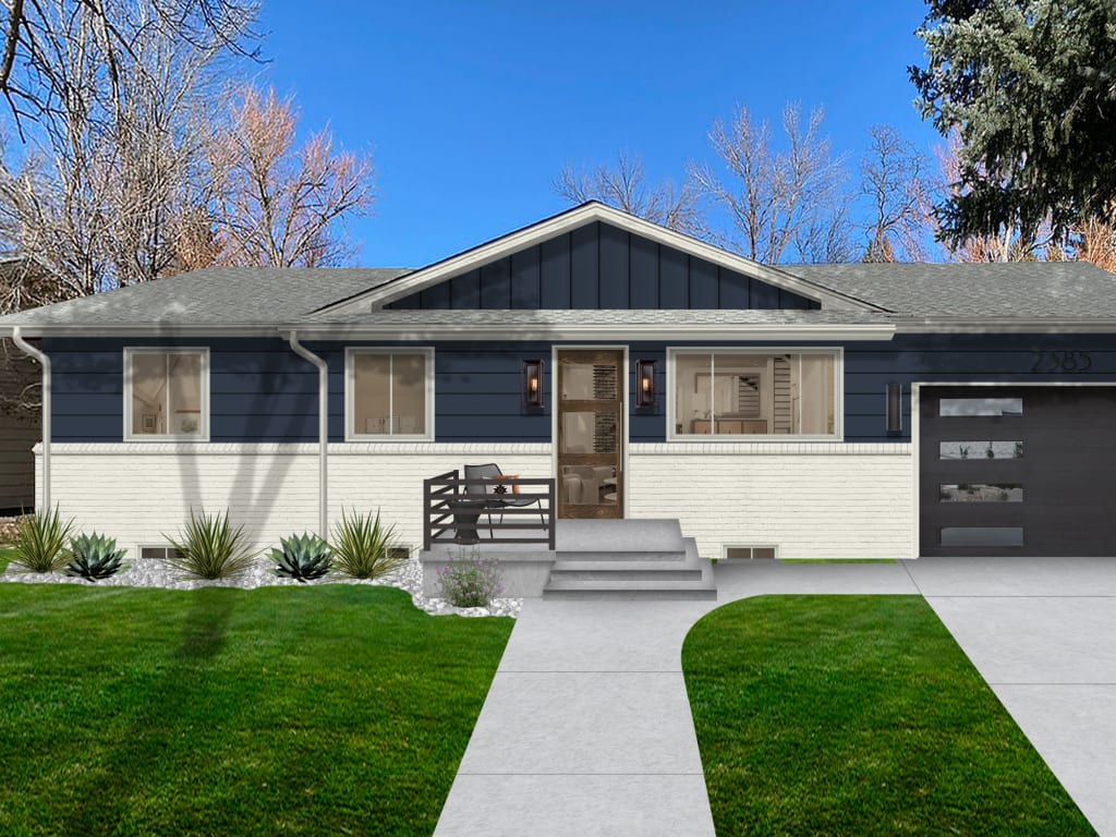 Virtual exterior design of a ranch home with siding painted in Naval by Sherwin Williams and brick, trim, and gutters in Alabaster