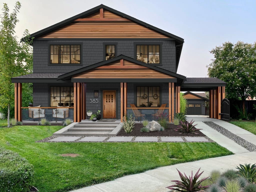 modern rustic home with dark charcoal siding and black and wooden accents