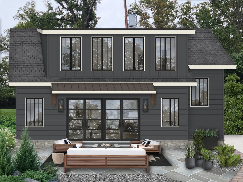 Cheating Heart by Benjamin Moore with white trim, black windows, and wood accents.