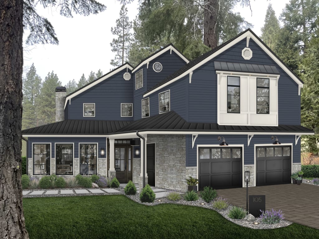 A home rendered in Benjamin Moore's Hale Navy