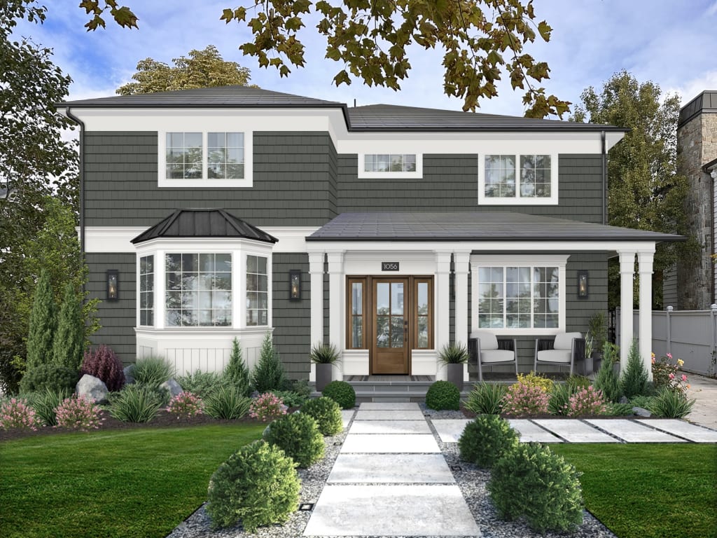 Virtual design of a home with siding in Pewter Green by Sherwin Williams, white trim, and a stone and paver walkway.