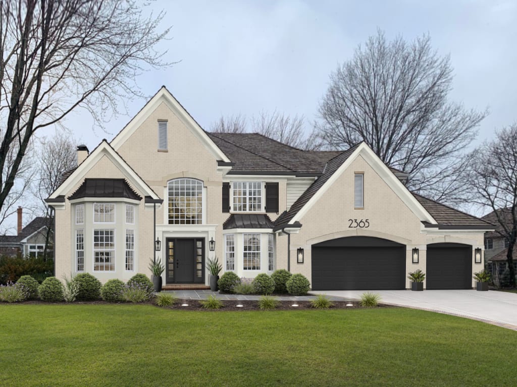 neutral brick house with black doors