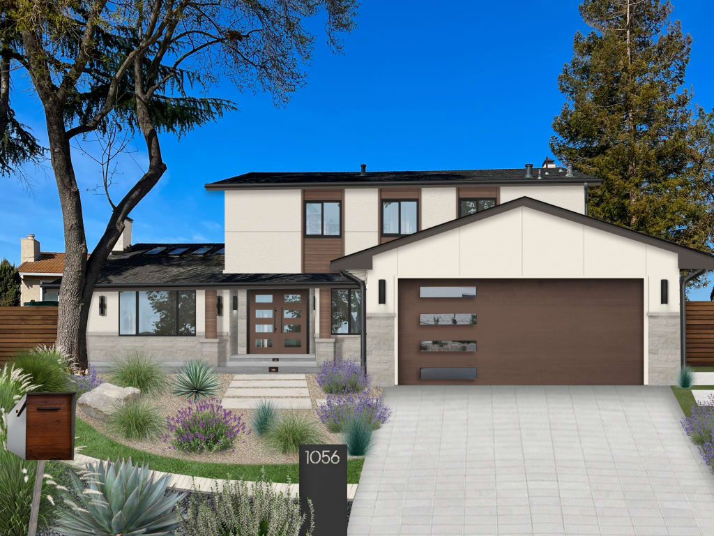 Photorealistic rendering of a home's exterior with creamy white paint and brown and wooden accents.