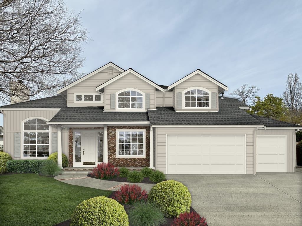 A rendering of a home's exterior with paint color recommendations