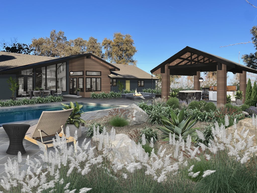 modern backyard with a pool and a covered outdoor kitchen