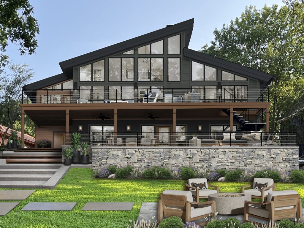 back side of a contemporary house with dark greenish gray siding and Ipe siding