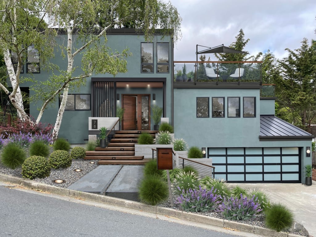 modern teal home with industrial style door awning