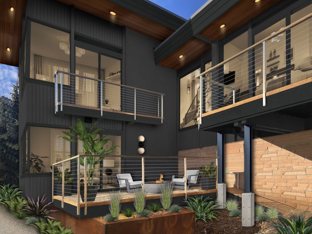 A rendering of the back of a house with a flat roof