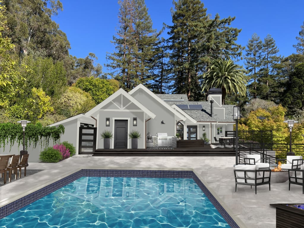 virtual exterior rendering of a gray traditional home with black and copper accents, solar panels, and outdoor living spaces