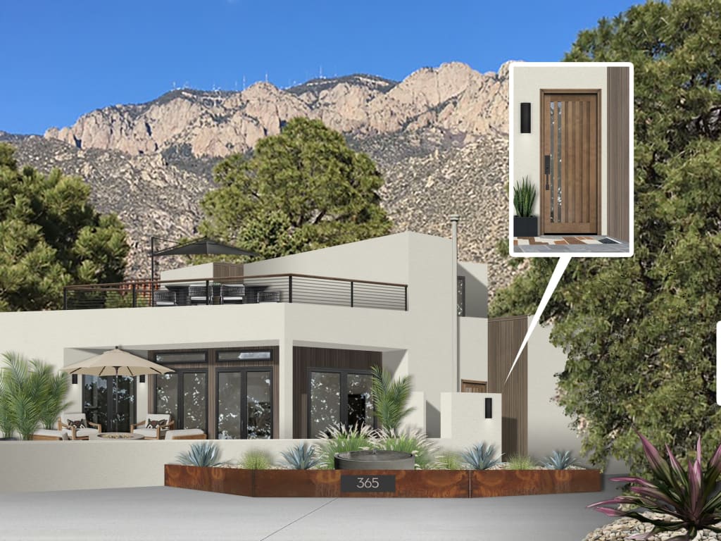 Design rendering the exterior of a white, two-story stucco home.