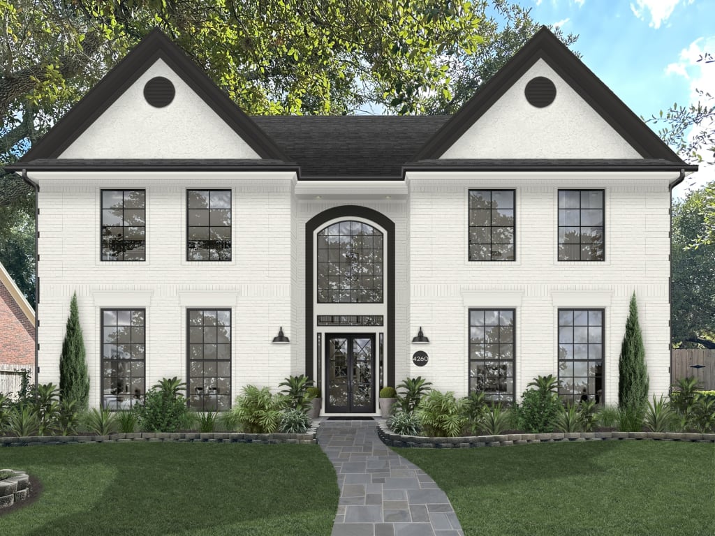 off-white brick house with black trim