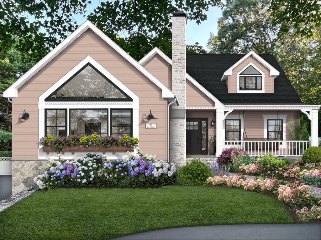 pinkish-tan siding house with white trim