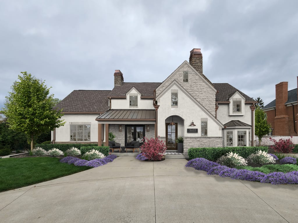 A rendering of a home with some of brick&batten's favorite driveway landscape ideas implemented