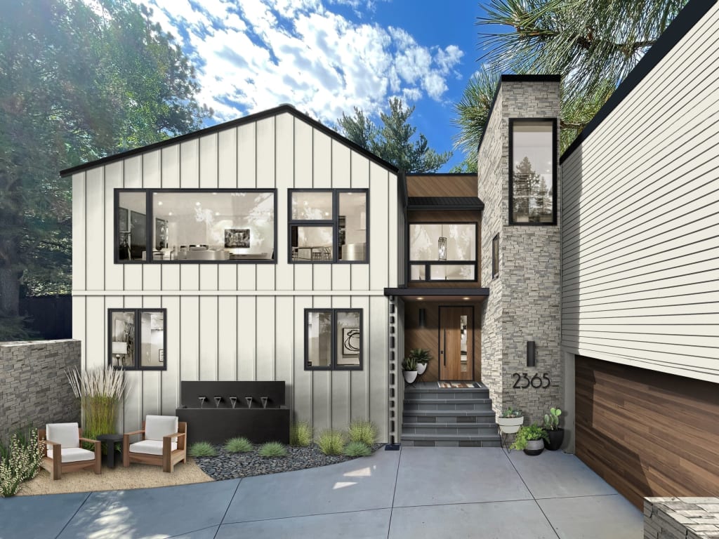 A rendering of a home exterior with an organic modern aesthetic